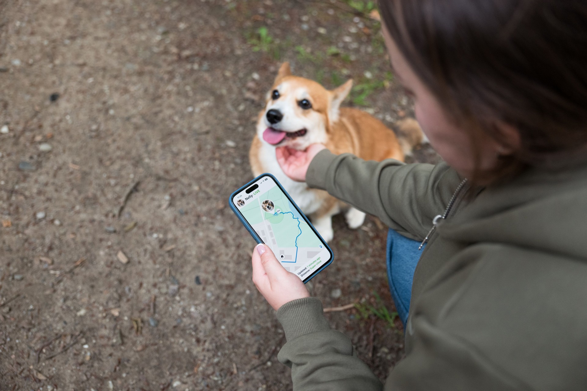 Woman uses navigation app on smartphone to control where the dog is